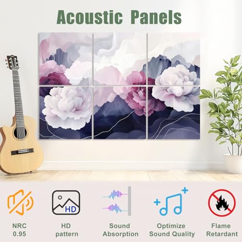 Paneles acústicos artísticos 6 piezas rosa polvo con peonías, montañas y ondas suaves, paneles de pared decorativos autoadhesivos para estudio y oficina 72"x48" miniatura 3