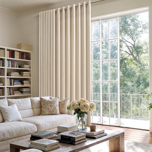 Image of Warm Beige Extra Wide 100 Inch Linen Curtains 90 Inch Length | Room Divider, Semi Sheer, Patio Sliding Door Curtains, for Living Room, Large Window Curtains, Grommet, Privacy, 1 Panel