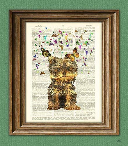 Yorkie Puppy With Butterfilies Yorkshire Terrier Dog Beautifully Upcycled Vintage Dictionary Page Book Art Print