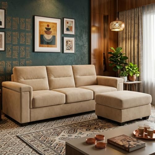 Image of FURNY Parker 3 Seater Sofa Set with Ottoman | Premium Suede Velvet Fabric Finish | Durable Comfort Sofa for Modern Living Room & Office Spaces (Beige)