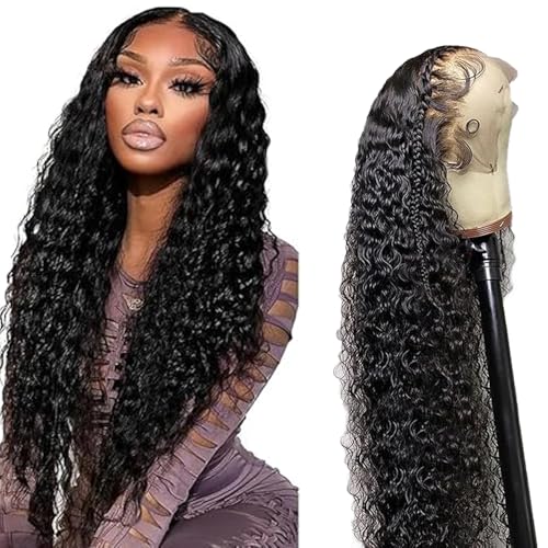Lakaisa Water Wave Human Hair Wig longas perucas de mulher cabelo natural humano 13 x 1 laço natural preto pré plucked Unprocessed Remy Hair 150% densidade baixa escalada minimal angle for mulher 24
