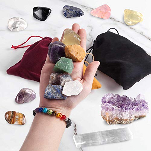 Smartyeen Healing Crystals Set,17Pcs Crystal Healing Stones Kit Include 7 Raw Chakra Stones,7 Tumbled Stones,Amethyst Crystal,Lava Bracelet And Selenite For Yoga, Meditation #TOP1