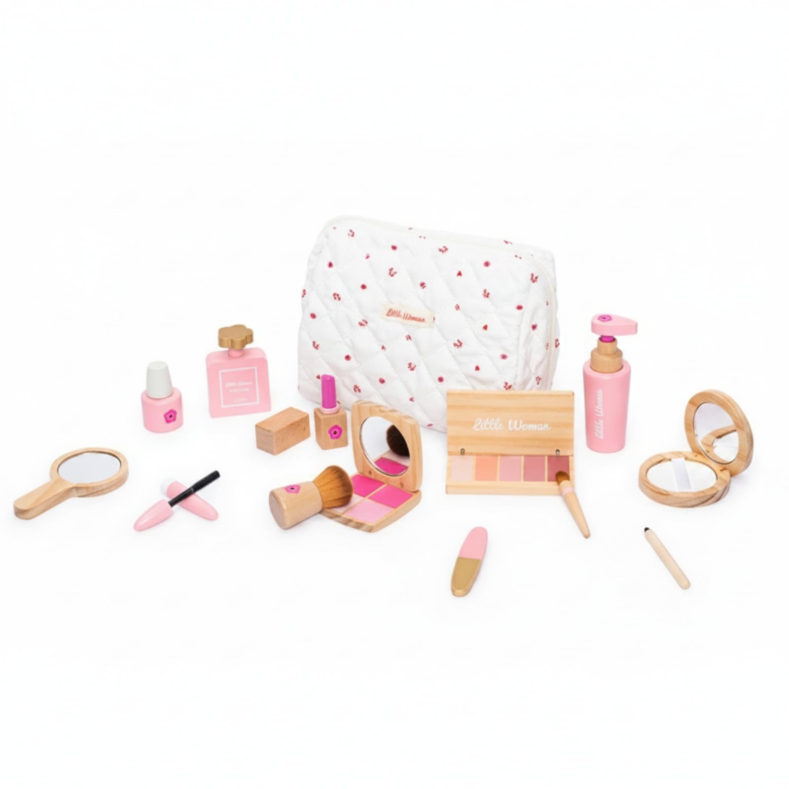 Amagogo Set Trucco Finta per Bambine Kit Cosmetico Gioco Trucco con Specchietto Pennelli Palette Rossetto Eyeliner Smalto Profumo in Legno con Custodia