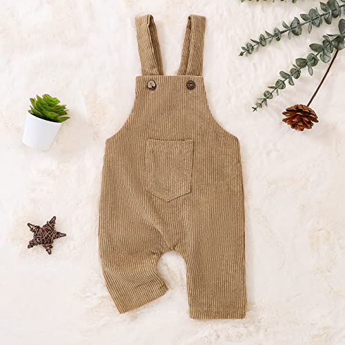 Baby Boy Girl Corduroy Overalls Solid Suspender Bib Pants One-Piece Strap Jumpsuit Pocket Fall (Khaki, 6-12 Months)4
