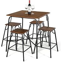 COSTWAY 5-Piece Bar Table Set with 4 Counter Height Backless Stools (Rustic Brown)
