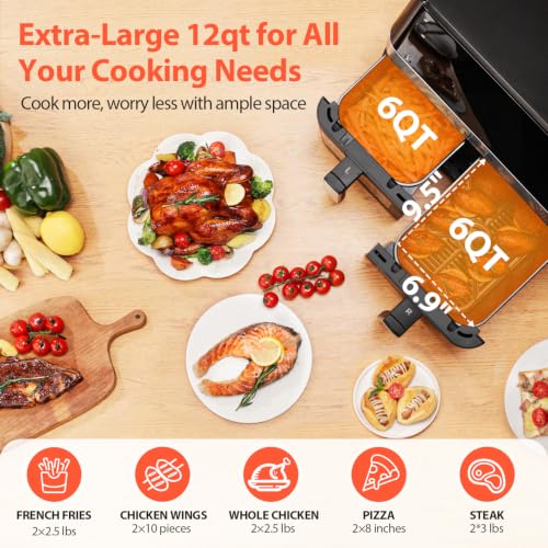 Image of 12QT Large Dual Air Fryer, 10-in-1 Double Zone Airfryer with 2x6QT Baskets, 60 Easy-Panel with Full Touchscreen, SyncCook Function, Viewing Window, Nonstick & Dishwasher Safe, 2 Dishes at Once, Black