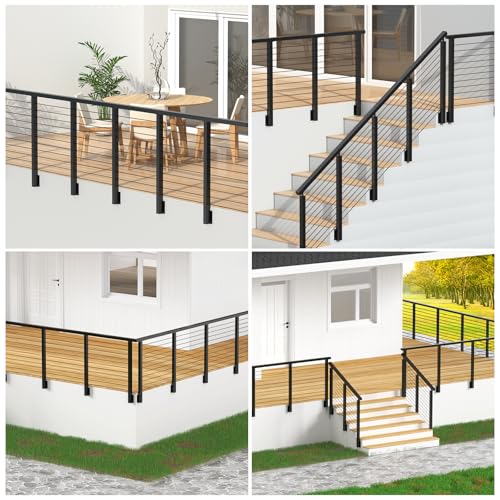 Image of 4-12FT 36 inch Side Mount Stair Railing Post Kits Include 2Pack Left Side Stair Posts, 150FT Wire Rope, Fasica Mount Deck Stair Railing System, 1 /8 inch Stainless Steel Black Wire Railing Kits, RG72