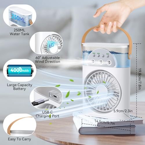 Portable Air Conditioner Cooling Fan, Rechargeable Mini Evaporative Personal Air Cooler Fan with 3 Speeds and 2 Spray, 1/2/3H Timer, 7 Night Light, for Room Bedroom, Office, Desk image 6