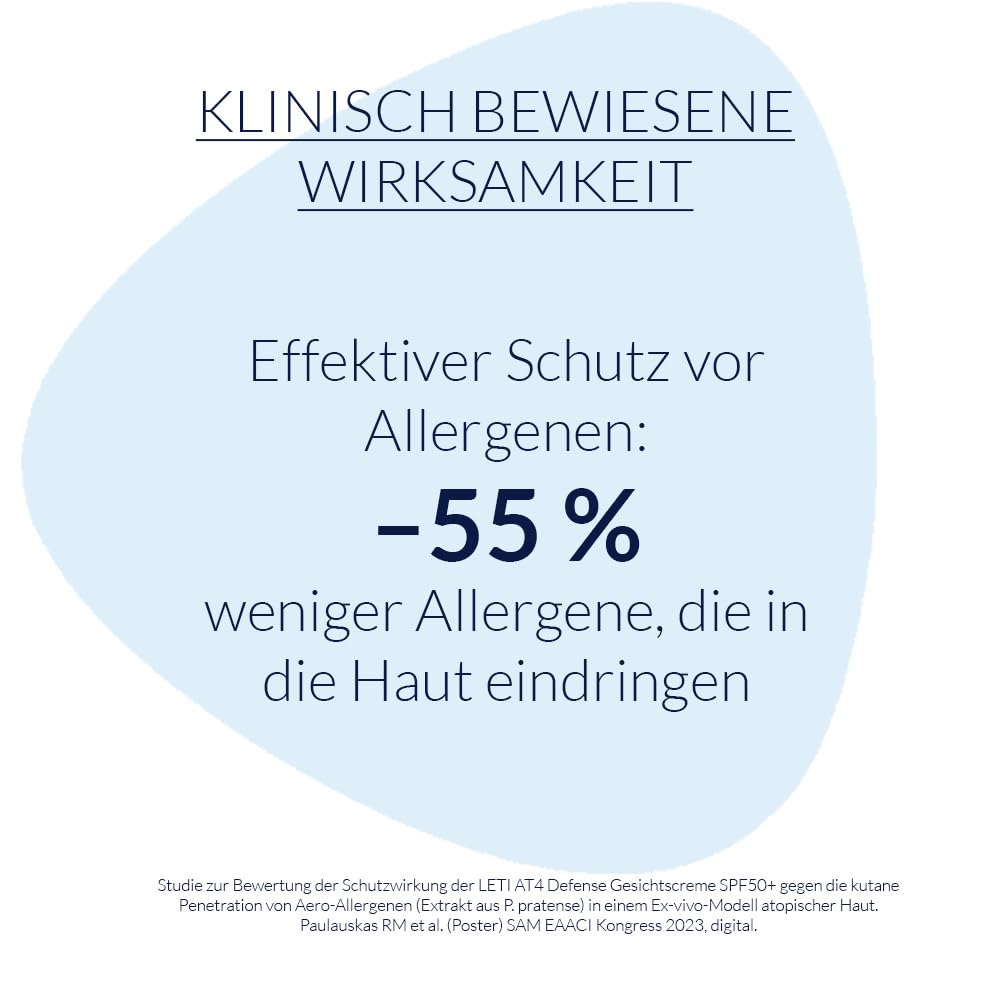 LETI AT4 Defense Gesichtscreme SPF 50+ - Wasserabweisende, hautschützende Gesichtspflege mit hohem Sonnenschutz (SPF 50+) bei trockener oder zu Neurodermitis neigender Haut, 50 ml Crème