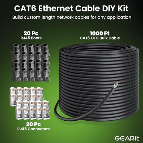 Image of GEARit Cat6 Outdoor Ethernet Cable (Cat 6 DIY Kit - 1000ft Bulk Cable | x20 RJ45 | x20 Boot) 23AWG OFC Pure Copper, FTP, LLDPE, Waterproof, Direct Burial, In-Ground, UV, POE, Network, LAN, Internet