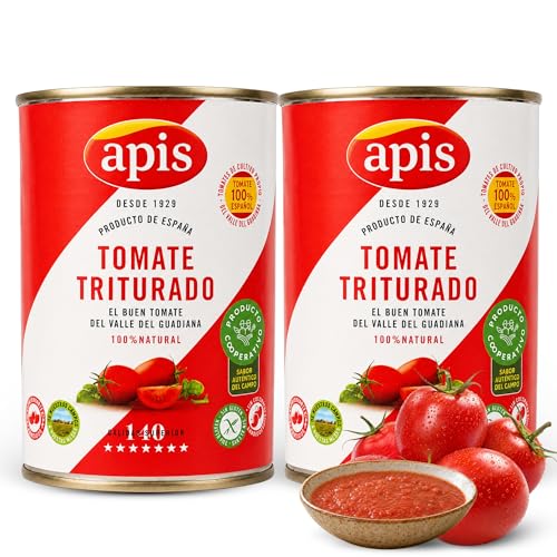 Tomate Triturado Apis, Tomate Natural en lata, Tomate 99.4%, sal y corrector de acidez, Sin Gluten, Producto Español, exquisito sabor, aroma y consistencia, Contiene 2 Latas de 400 gr
