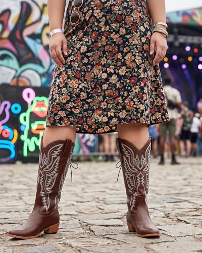 Image of Uillnoodu Wide Calf Cowboy Boots Women Adjustable Lace Up Knee High Tall Plus Size Cowgirl Boots Western Style Comfortable 2-Inch Heel