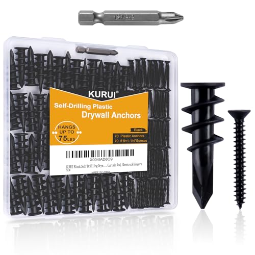 KURUI 140PCs Black Self Drilling Drywall Anchors, #8 Dry Wall Anchors and Flat Head Screws Kit, 70...