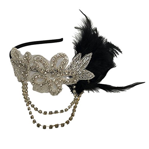 Tinksky Retro Black Feather Headpiece Flapper Chain Flower Hairband Great Gatsby Headband 1920s for Fancy Dress Party Dress-up Accessories - Wedding Mother's Day Valentine's Day gift