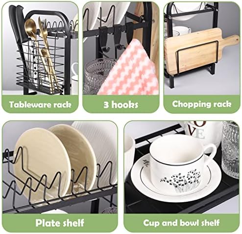 Medo 2 Tier Dish Drainer Rack, Black Dish Drying Rack Dish Rack with Drip Tray, Drying Rack Kitchen with 3 Pcs Hooks Dish Drainer Sink Drainer for Kitchen Countertop Arrangement