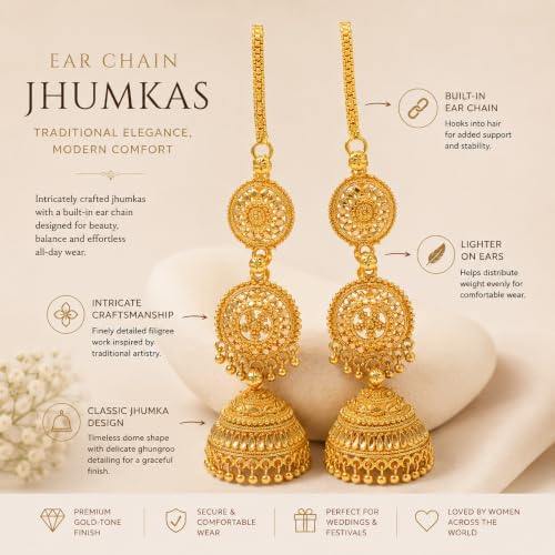 Image of Shreyadzines Gold Plated Jhumka Earrings with Ear Chain for Women | Traditional gold plated jhumka earrings with attached ear chain, wedding jewelry, lightweight support design