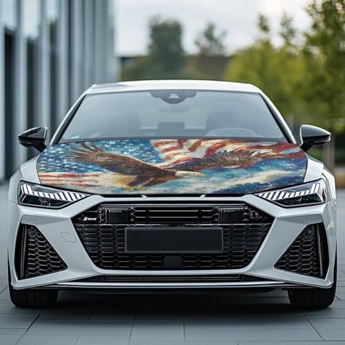 Image of Eagle American Flag Painting Pattern Car Hood Cover Elastic Fabrics Car Bonnet Banner, 59.05 inchx39.37 inch, Premium Sublimation Print Automotive Hood Covers with Strape Reinforcement