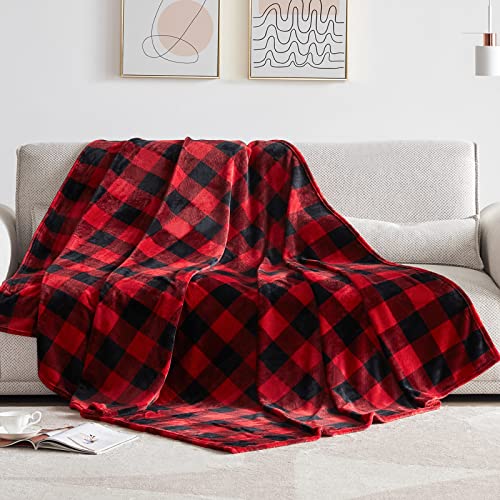 Touchat Fleece Throw Blankets, Buffalo Plaid Throw Blanket For Couch Sofa Bed, Soft Warm Fuzzy Cozy Plush Checkered Blanket, Lightweight Farmhouse Decor 50" X 60" (Red & Black) #TOP1