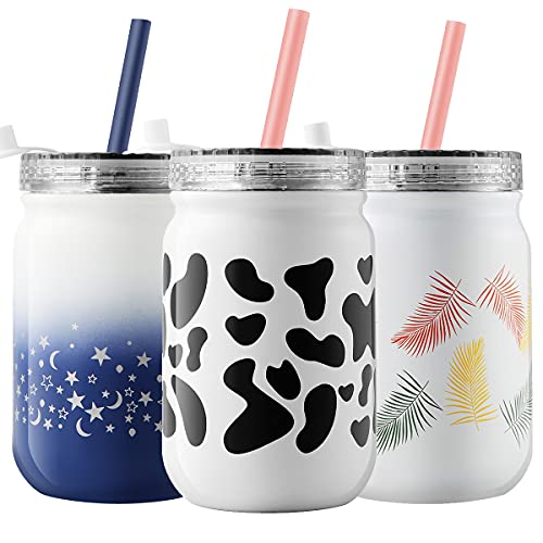 Murmioo Vaso de Pajita de Acero Inoxidable Copas de BatidoTaza de Café termo Tarros de Comida de Doble Vacío Taza de Viaje Aislada con Pajita y Tapa para Batido Cócteles 14 onzas (color vaca) Cover