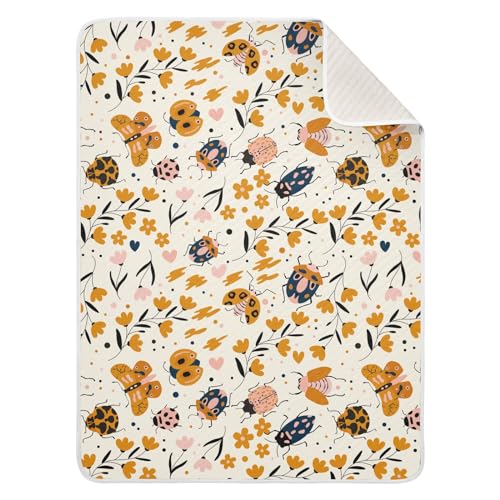 Image of Insects Bugs Beetles Cute Baby Swaddle Blanket for Boys Girls, Butterfly Ladybug Maple Leaves Muslin Baby Receiving Swaddle Blanket, Soft Cotton Nursery Swaddling Blankets for Newborn Toddler