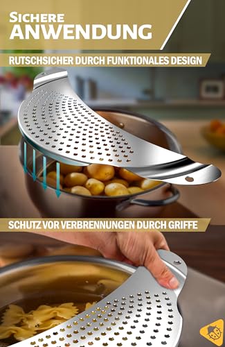 Foto von Menz Nudelsieb - Abgiesshilfe für Töpfe und Pfannen bis Ø 26 cm, stabiles Nudelsieb Edelstahl rostfrei, Abtropfsieb, flache Abgießhilfe ideal für Pasta und Kartoffeln