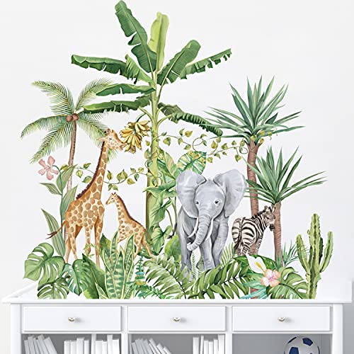 Runtoo Tropical Jungle Animal Wall Decals Giraffe Elephant Plants Wall Stickers Kids Room Bedroom Wall Decor #TOP1