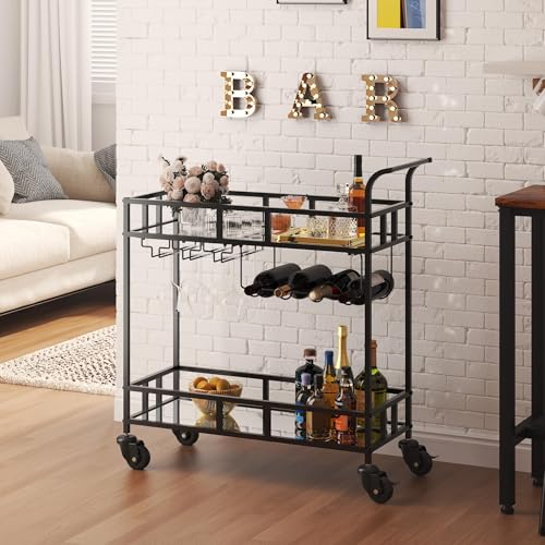 Garvee Chariot de Bar Roulant 2 Niveaux – Compact et Portable – Étagères Miroir, Porte-Bouteilles, Porte-Verres – pour Salon, Salle à Manger, Cuisine,...
