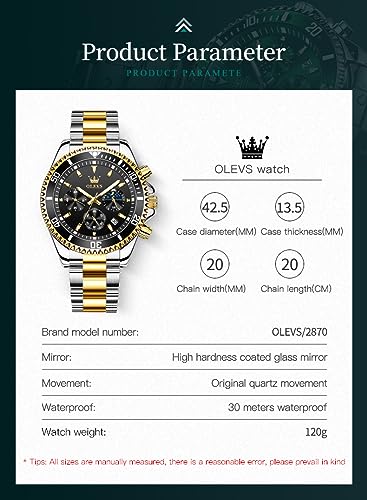 Image of OLEVS Watches for Men Classic with Date Business Dress Luxury Big Face Green /Black /Blue Waterproof Luminous Mens Wristwatch Analog Two Tone Stainless Steel Male Watch