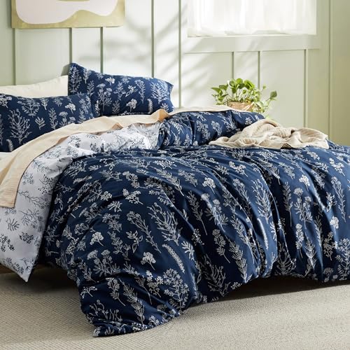 Image of Bedsure Duvet Cover King Size - Reversible Navy Blue King Duvet Cover Set with Zipper Closure, 3 Pieces Floral Patterned Bedding Set with 8 Corner Ties and 2 Pillow Shams