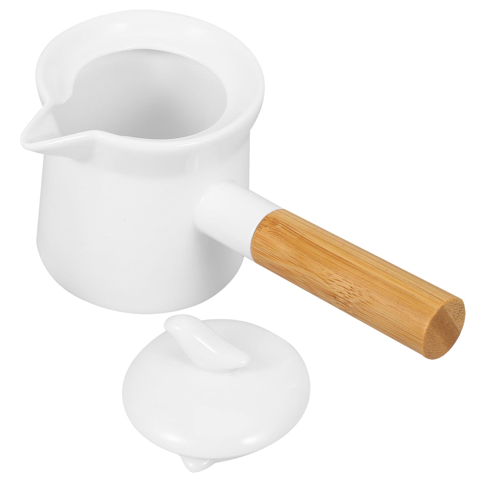 Cabilock Coffee Creamer 350ml White Mini Ceramic Milk Pot Tea Brewer with Wooden Handle Design for Home and Office