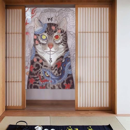のれん 和風 浮世絵 猫柄 間仕切り おしゃれ 遮光 目隠し 暖簾 ドアカーテン 北欧 厚手 断熱防寒 インテリア リビング キチン ロング カーテン 玄関 飲食店 出入り口 洗面所 台所用 四季兼用 86x143cm