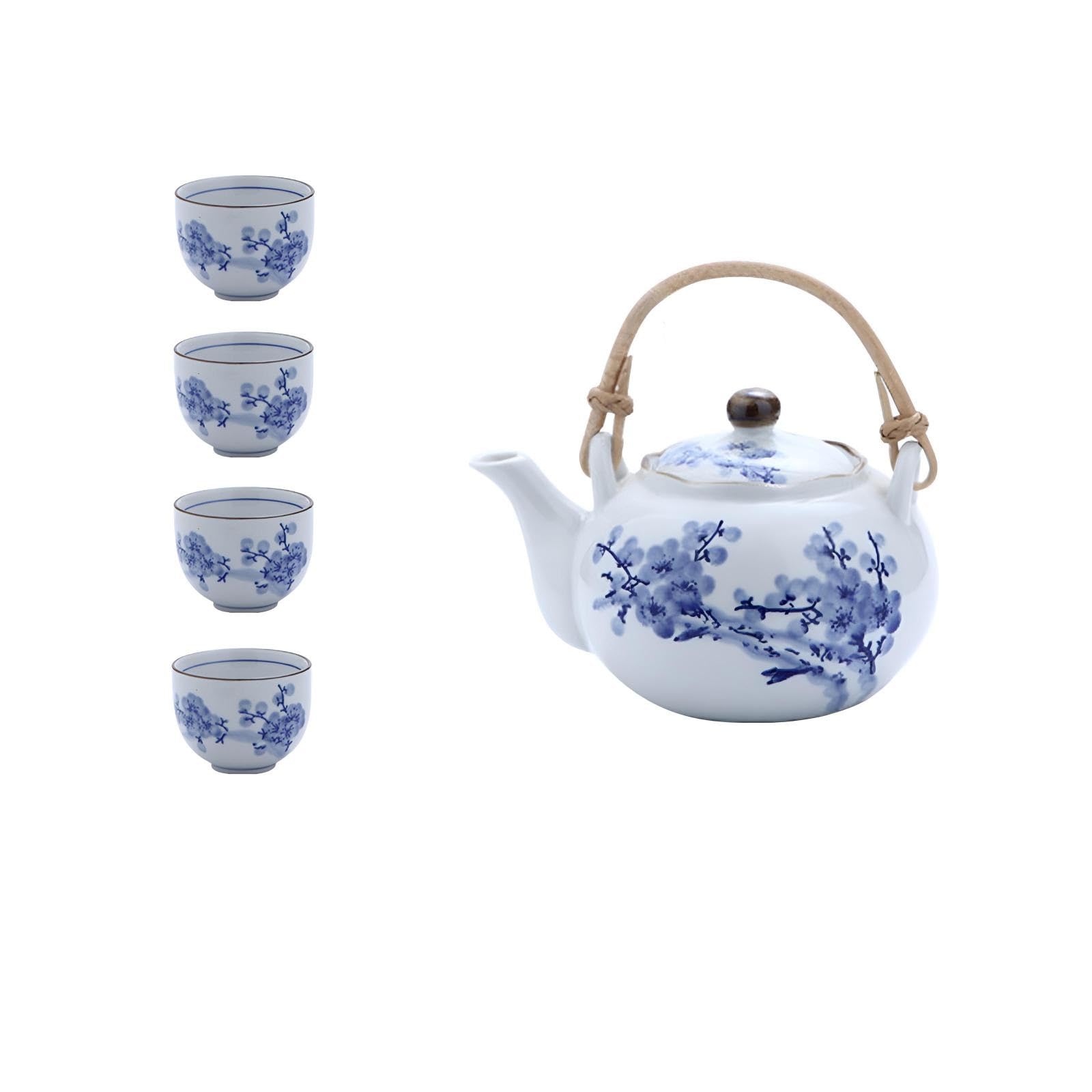 Japanisches Weißem Porzellan-Teeservice Mit Blauem Blumen-Design Teekanne Mit Rattan-Griff Teekannen Set Mit Tasse Teekanne Und 4 Teetassen Japanisches Blau und Weiß Porzellan Tee Set