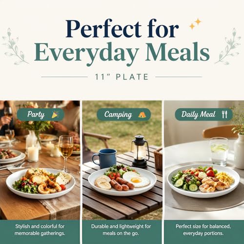 Image of Wheat Straw Dinner Plates Set of 6, 11In Big Deep Dish Plate,White | Unbreakable Kitchen Plates, Microwave Safe & Dishwasher Safe for Party, RV, Dinner