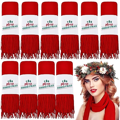 Suhine 10 Pieces Christmas Red Scarf Bulk Unisex Cold Weather Winter Scarves Christmas Theme Holiday Warm Scarfs for Women Girls Men Christmas Gifts Party Favor