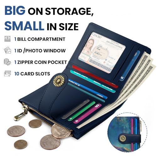 Image of Small Wallet for Women, RFID Blocking Bifold Card Holder Wallet with 10 Card Slots, Cash Compartment, Zipper Coin Pocket & ID Window, Cute Soft Vegan Leather Compact Wallet, Starlit Peaks
