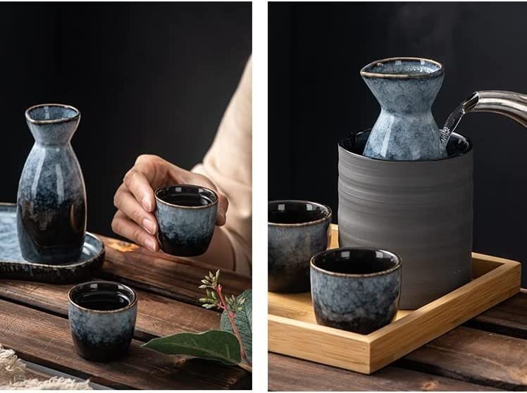 Ensemble de saké traditionnel, ensemble de saké en céramique, boisson chaude de saki de poterie japonaise traditionnelle en porcelaine, 6 pièces comprenant 1 bouteille de saké 1 plateau 4 tasses, for