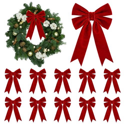 KKSTY 10 Pcs Red Velvet Bows, 5x7inches Vintage Velvet Ribbon Bow Ornaments for Christmas Tree Garland Wreath Gift Wrapping Indoor Outdoor Holiday Wedding Party Decoration