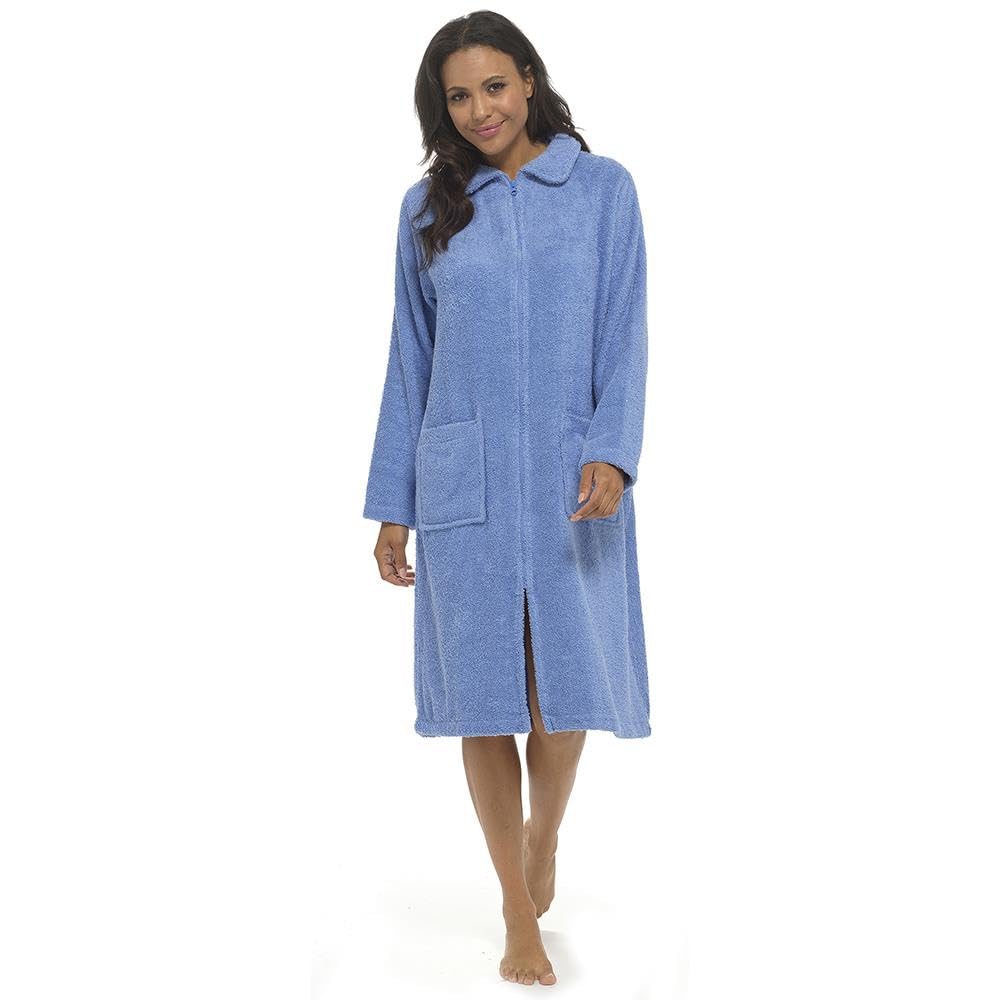 A2Z Ladies Towelling Bathrobe Front Zip Dressing Gown 100% Cotton House Coat - Robe LDS 405 Lilac 8-10