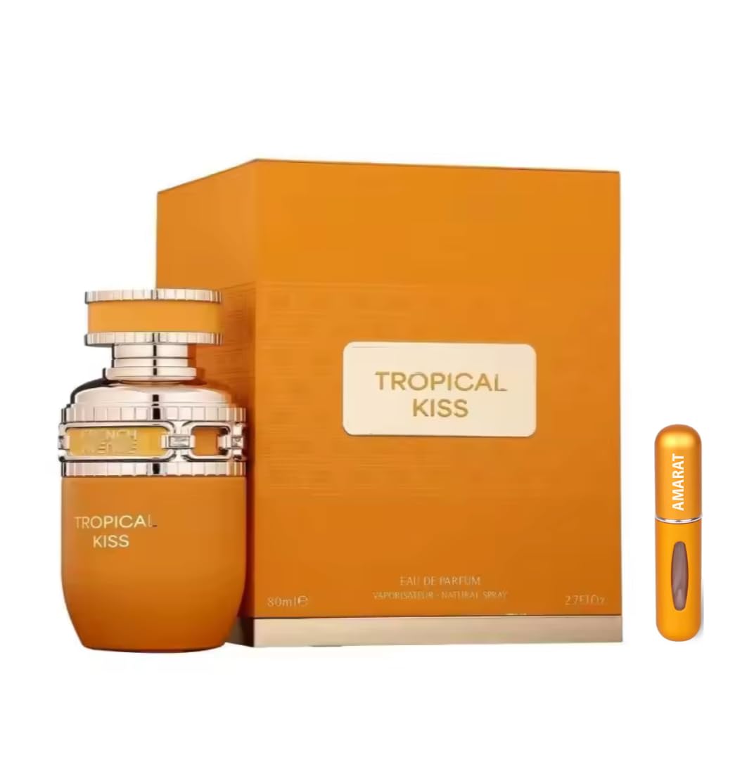 Perfume Tropical Kiss Eau de Parfum 80 ml, Perfume Árabe para Mujer de Larga Duración, Incluye Atomizador Recargable 5 ml, Fragancia Floral Frutal con Notas de Mango Coco y Vainilla (Tropical Kiss)
