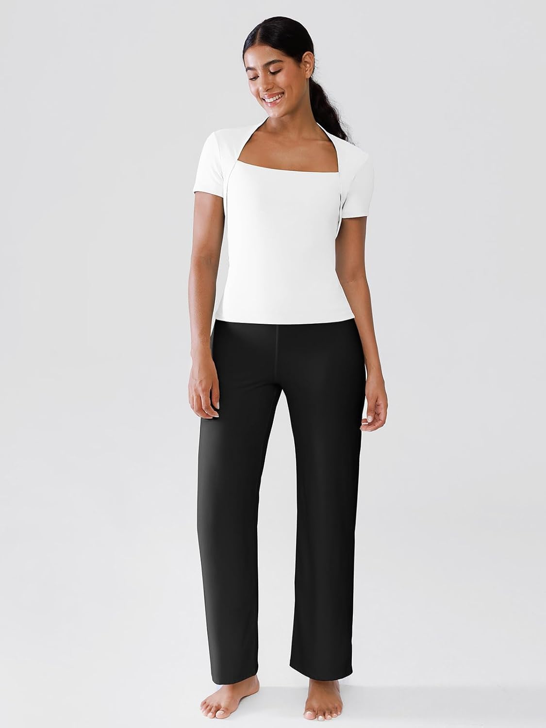 BRXL Built-in Bra Women's Square Neck Short Sleeve Shirts Double Lined Slim Fit Tops Spandex Casual