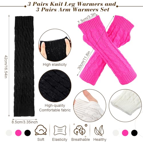 Image of Therwen 6 Pairs Knit Leg Warmers Arm Warmers Set for Women Cable Knit Leg Warmers Knee Warmers Thigh High Socks