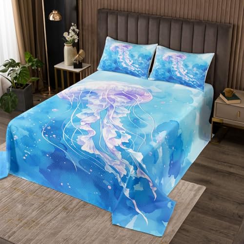Erosebridal Jellyfish Quilt Set Twin Size for Kids Boys Girls,Dreamy Jellyfish Coverlet Set,Watercolor Sealife Bed Cover Bedroom Decor,Blue Ocean Waves Bedspread Set
