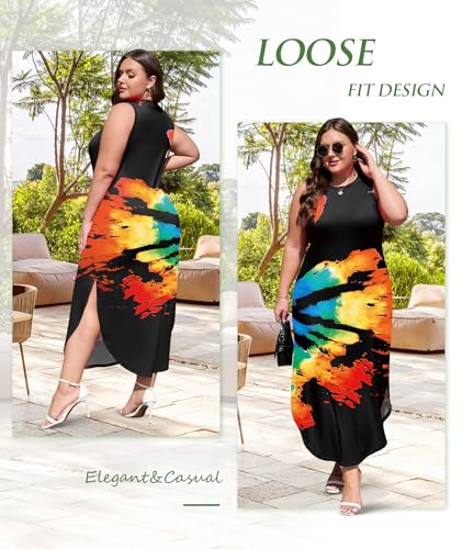 Image of Wolddress Womens 2026 Plus Size Sleeveless Tank Dress Casual Loose Sundress Split Summer Beach Long Maxi Dresses with Pockets