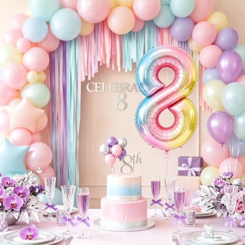Image of Rainbow Number Balloons Birthday Balloons - Giant Number 8 Balloon 40 inch, Numbers Balloon Birthday Decorations, Rainbow Party Supplies for Baby Shower