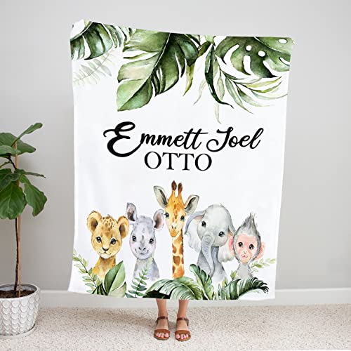 Personalized Baby Boy Blanket - Safari Baby Blanket Boy -Jungle Animals Baby Name Blanket - Safari Animals Baby Bedding - Super Soft Plush Blanket For Baby, 30 X 40 In #TOP4
