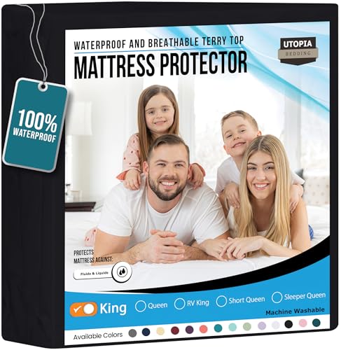 Utopia Bedding Waterproof Mattress Protector King Size, Premium Terry Mattress Cover 200 GSM, Breathable, Fitted Style with Stretchable Pockets (Black)
