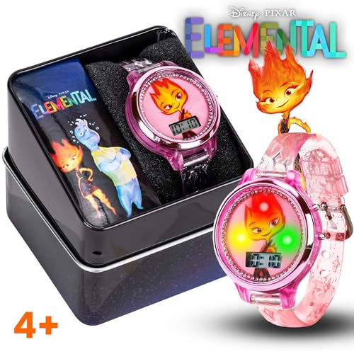 Disney Elemental Ember Lumen Kids’ Watch – Fiery Pink LCD Display with LED Lightshow Feature, Water-Resistant with Special Edition Gift Tin2