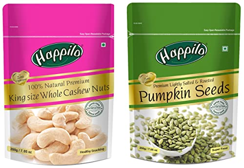 Image of Happilo 100% Premium King Size Whole Cashew Nuts, 200g & Premium Roasted Pumpkin Seeds for Eating 200g, Lightly Salted for Healthy Diet, Immunity Booster and Fiber Rich Superfood