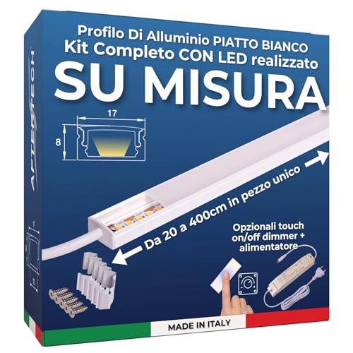 AFTERTECH Barra LED Profilo Alluminio PIATTO BIANCO SU MISURA al centimetro da 20 a 400cm in pezzo UNICO - LUCE POTENTE 19,2w/m 180led/m - PERSONALIZZABILE - MADE IN ITALY - Sottopensile Cucina