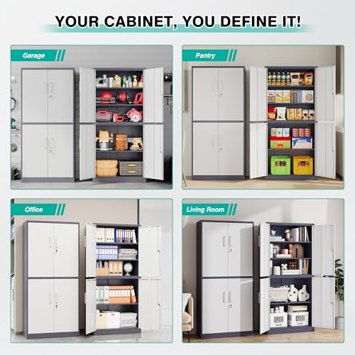 Image of SISESOL Storage Cabinets with Doors and Shelves, 71'' Metal Garage Cabinet Locking, Adjustable Layers for Home Gym, Bathroom, Kitchen, Office, Gray White